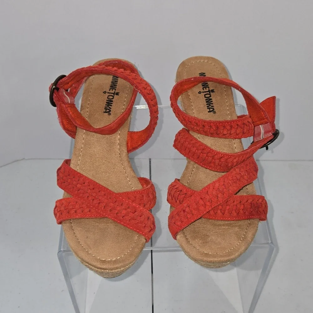 Minnetonka Red Suede Braided Espadrille Wedge Sandals Womens Size 7 Strappy Boho